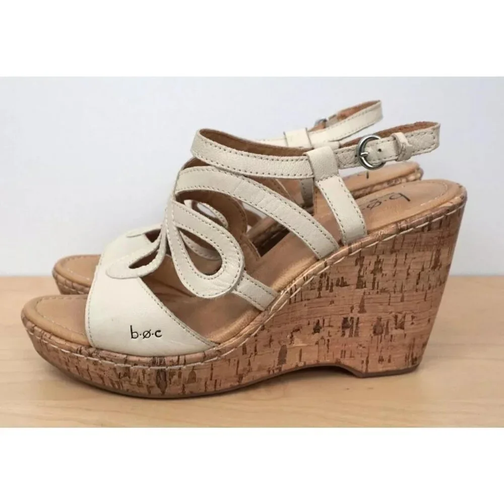 BOC Born Concept Beige Tan Cork Wedge High Heel Sandals Size 8 M
